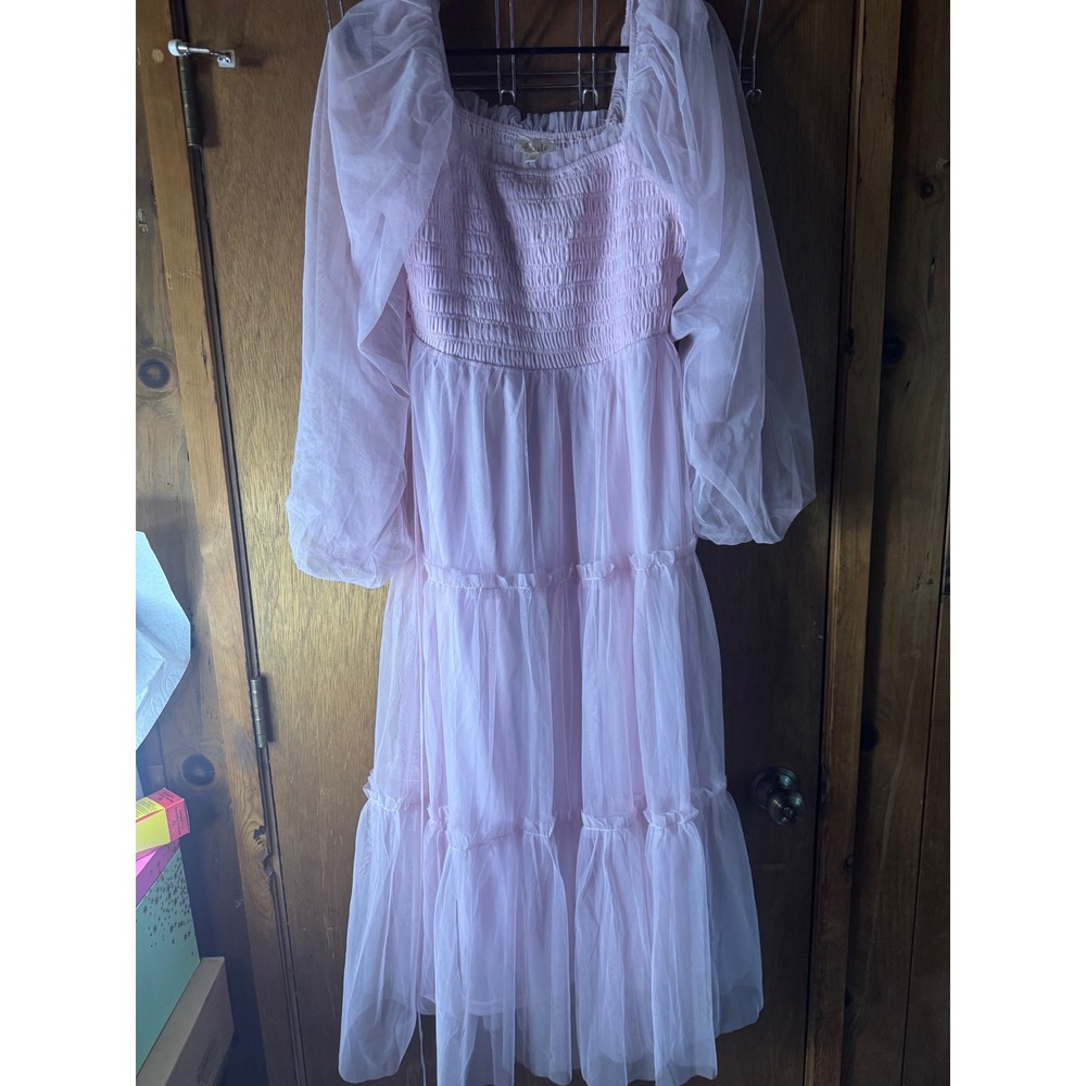 Listicle Pink Tulle Smocked Tiered Midi Dress Puff Sleeve Romantic Large
